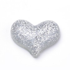 Silver White Glitter Heart Resin Cabochons, 21x16mm 10pcs