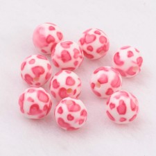 10pc Round Resin Beads with Pink Hearts Pattern, 10mm Hole:2mm