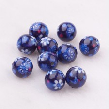 10mm Round Resin Beads, Blue with Flower Pattern, 10pcs