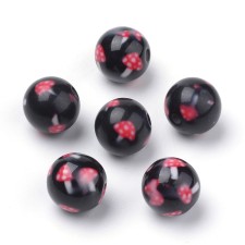 10pc Round Resin Beads Black with Red Amanita Fairy Mushroom, 10mm Hole:2mm