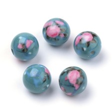 10pc Round Resin Beads Teal with Pink Roses, 10mm Hole:2mm