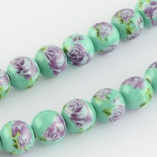 Hand Painted 10mm Turquoise Green Beads with Rose Flower Pattern 10 Pack