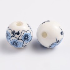 12mm Blue Flower Pattern Handmade Painted Porcelain Clay Beads 10pcs