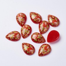2pcs Hand Printed Flower Tear Drop Cabochon Resin  Red 25x18mm
