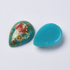 2pcs Hand Printed Flower Tear Drop Cabochon Resin Turquoise Blue 25x18mm