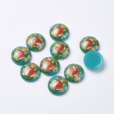 Hand Printed Rose Flowers on Turquoise Round Cabochon Resin 18mm - 4pcs