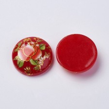 Hand Printed Rose Flowers on Red Round Cabochon Resin 18mm - 4pcs