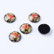 Hand Printed Rose Flowers on Black Round Cabochon Resin 12mm - 4pcs